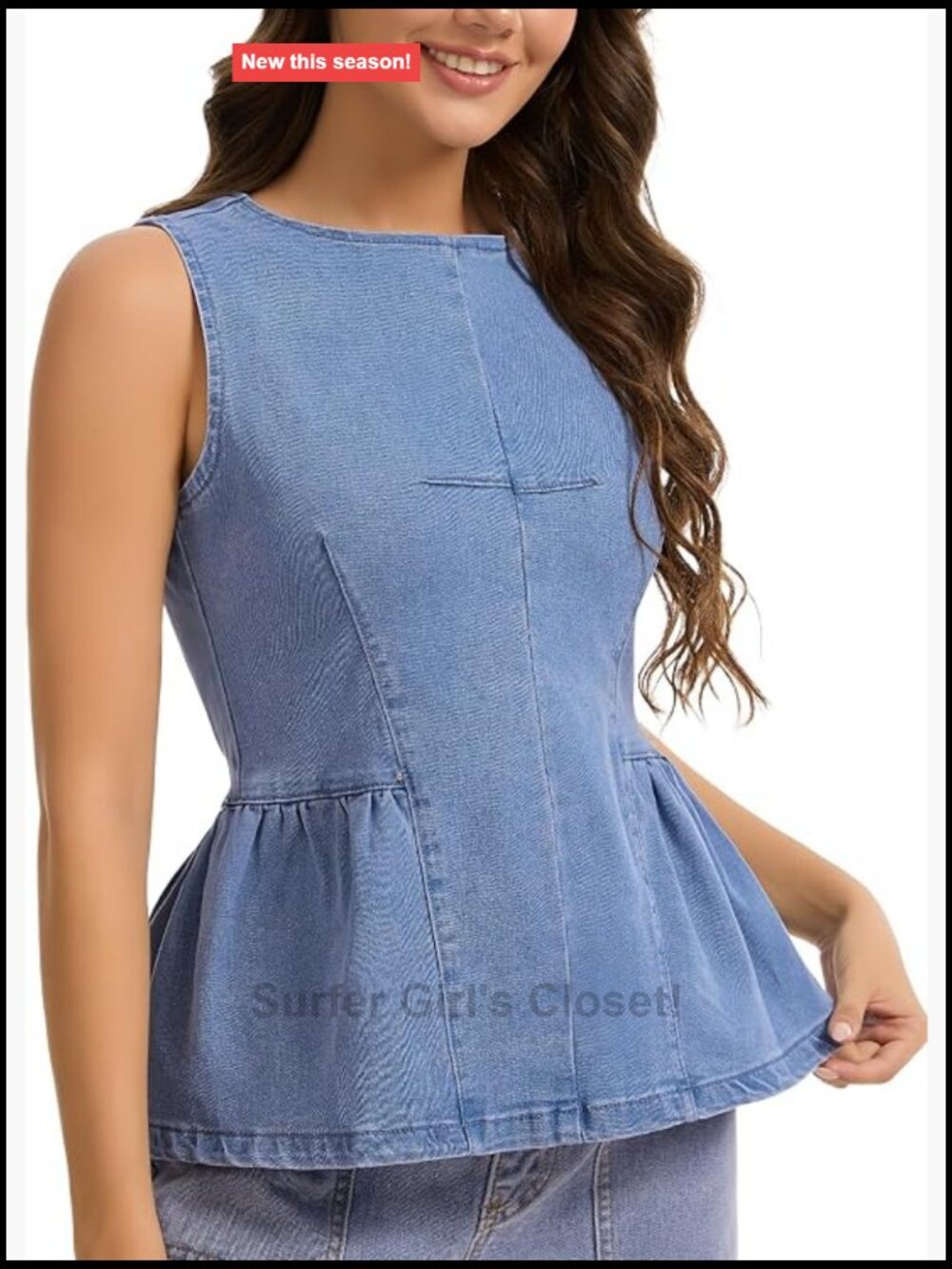 Women's Denim Peplum Tank Top Sleeveless Crew Neck Back Zipper Fitted